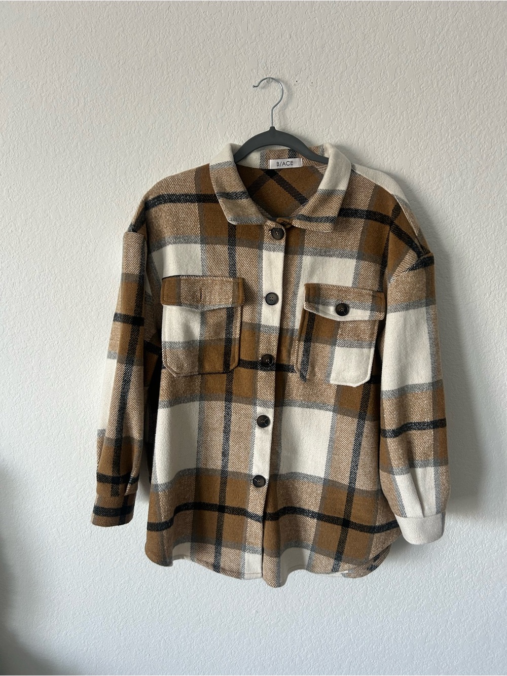 B/ACE Plaid Oversized Shacket Shirt Jacket Brown Cream Large L